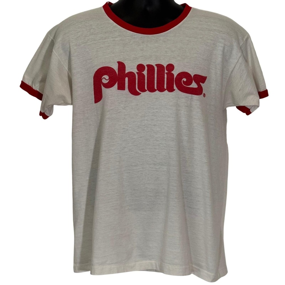Vtg Champion Philadelphia Phillies Ringer T-Shirt White Red Large MLB 70s 80s